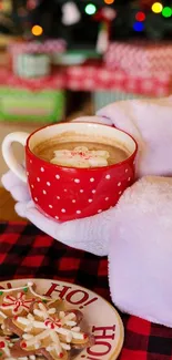 Santa holding hot chocolate with Christmas cookies