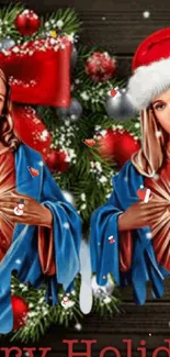 Festive Merry Holidays wallpaper with iconic religious figures.