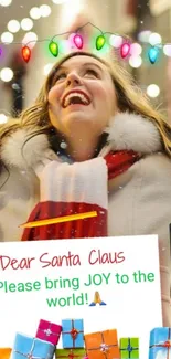 Joyful woman in festive attire with colorful lights and holiday message.