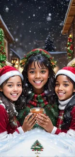 Kids in Santa outfits with snow and festive decorations on a joyful holiday street.