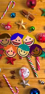 Festive mobile wallpaper with cartoon kids and Christmas decorations on a wooden background.