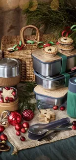 Festive holiday kitchen with eco-friendly gifts and Christmas decor.