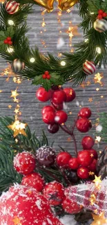 Festive mobile wallpaper with Christmas wreath and berries.