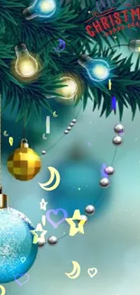 Festive Christmas wallpaper with ornaments and lights on a decorated pine branch.