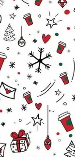 Festive holiday wallpaper with Christmas doodles on a white background.