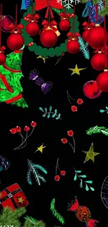 Festive Christmas wallpaper with ornaments and decorations on a black background.