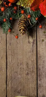 Festive holiday wallpaper with pine cones, red berries, and a golden ribbon.