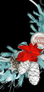 Festive holiday wreath wallpaper with black background and vibrant accents.