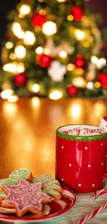 Red holiday mug with cookies by a Christmas tree.