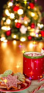 Festive red mug with cookies in front of a lit Christmas tree.