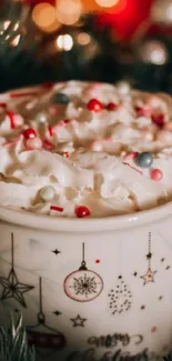 Festive mug with whipped cream and colorful sprinkles.