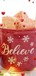 Festive mug with "Believe" text and Christmas decor.