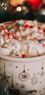 Festive holiday mug with cream and sprinkles on a cozy background.