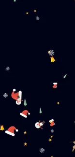 Festive wallpaper with Santa, snowflakes, and stars on a dark night background.