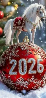 White horse on red 2025 ornament with snow and tree.