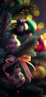 Festive holiday ornament with bokeh lights and colorful decorations.