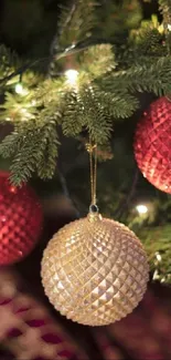 Gold and red ornaments hanging on a Christmas tree with green branches.