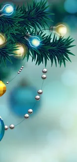 Festive holiday wallpaper with blue and gold ornaments and bokeh lights.