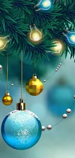 Festive mobile wallpaper with holiday ornaments and glowing garland.