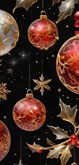 Elegant red and gold Christmas ornaments with snowflakes on a festive background.