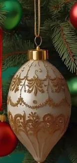 Festive holiday ornament hanging on a tree.