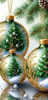 Three green festive holiday tree ornaments with pine branches.