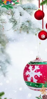 Festive red Christmas ornaments with snowflakes on a snowy background.