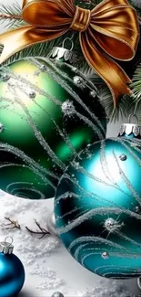 Beautiful Christmas ornaments with festive pine branches and a golden ribbon.