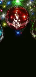 Festive Christmas ornaments with dark background and colorful lights.