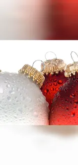 Festive red and white Christmas ornaments with water droplets.