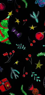 Colorful festive holiday pattern with Christmas trees, stars, and gifts on black background.