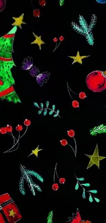 Festive mobile wallpaper with colorful Christmas elements on a black background.