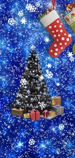 Christmas tree with gifts on a festive blue background with snowflakes.