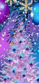 Festive Christmas tree with colorful ornaments and snowy background.