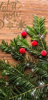 Festive holiday wallpaper with wood, greenery, and winter decor.