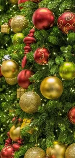 Vibrant Christmas ornaments on a green tree wallpaper.