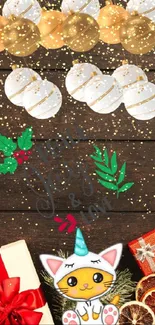 Festive wooden holiday wallpaper with gifts and ornaments.