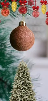 Festive mobile wallpaper with a Christmas tree and ornament.