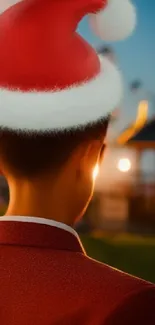 Person in a Santa hat with a festive evening background.