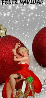 Festive wallpaper with pin-up girl and red Christmas ornaments.