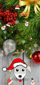 Christmas-themed wallpaper with pine, ornaments, and cartoon dog wearing Santa hat.