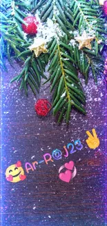 Festive pine garland with red ornaments and stars on brown background.