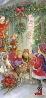 Children decorating a festive Christmas porch with garlands.