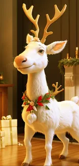 Charming Christmas reindeer stands by a fireplace adorned with holiday decor.