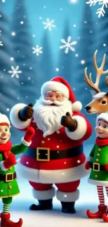 Santa with elves, reindeer, and snowflakes in a festive holiday scene.