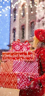 Person carrying holiday gifts in snowy street during festive season.