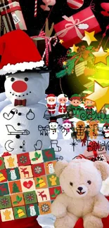 Christmas snowman with gifts and a teddy bear in a snowy landscape.