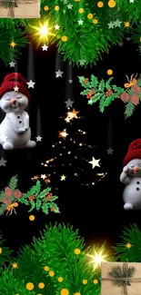 Festive snowman wallpaper with Christmas decorations and green foliage.