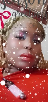 Festive wallpaper featuring a person with sparkling makeup and red holiday attire.