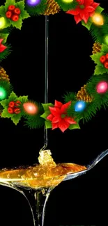 Festive wreath with honey dripping from a spoon on a mobile wallpaper.